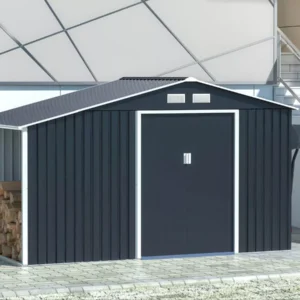 Domek metalowy ogrodowy z drewutnią Hardmaister Madison 342 × 191 cm Cold Grey