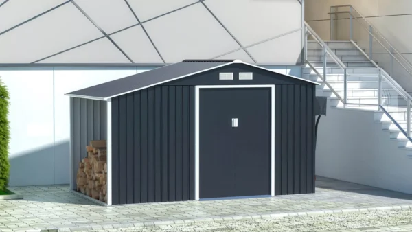Domek metalowy ogrodowy z drewutnią Hardmaister Madison 342 × 191 cm Cold Grey