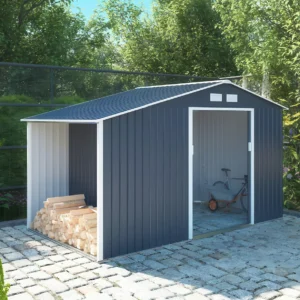 Domek metalowy ogrodowy z drewutnią Hardmaister Madison 342 × 191 cm Cold Grey