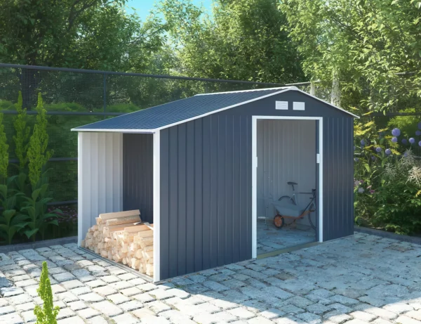 Domek metalowy ogrodowy z drewutnią Hardmaister Madison 342 × 191 cm Cold Grey