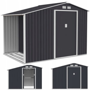 003997 Domek metalowy ogrodowy z drewutnią Hardmaister Madison 278 × 191 cm Cold Grey