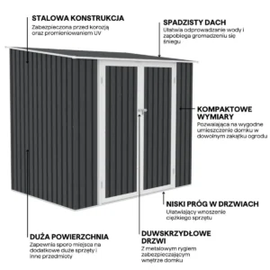 Dimensions_of_the_KENT_tool_house_222x149cm_Cold_Gray___HARDMAISTER_c018 Domek metalowy ogrodowy Hardmaister Kent 222 × 149 cm Cold Grey