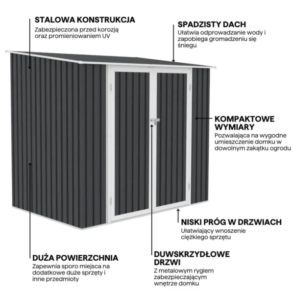 Dimensions_of_the_KENT_tool_house_222x149cm_Cold_Gray___HARDMAISTER_c018 Domek metalowy ogrodowy Hardmaister Kent 222 × 149 cm Cold Grey