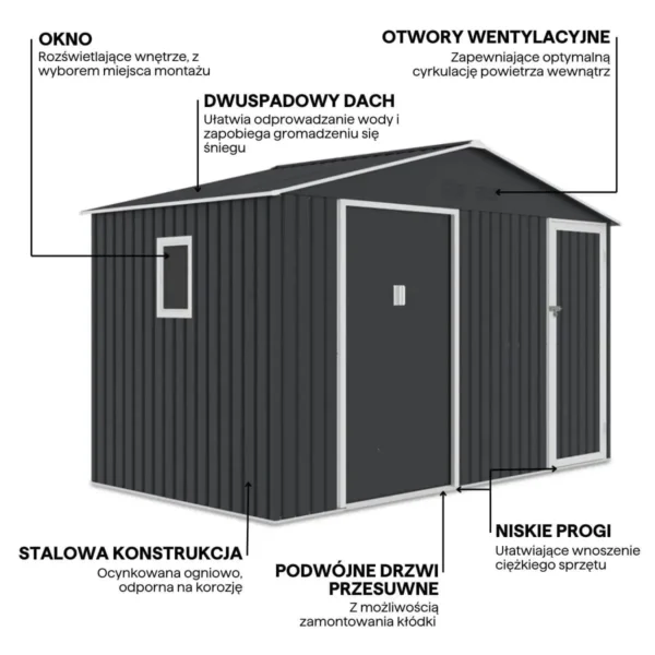 Domek metalowy ogrodowy Hardmaister Falcon 340 × 194 cm Cold Grey