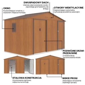 FALCON_340x194cm_Oak_Brown_7aba Domek metalowy ogrodowy Hardmaister Falcon 340 × 194 cm Oak Brown