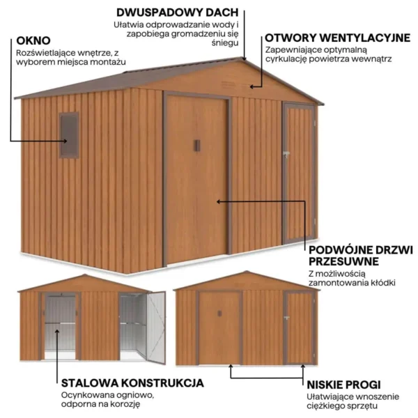 FALCON_340x194cm_Oak_Brown_7aba Domek metalowy ogrodowy Hardmaister Falcon 340 × 194 cm Oak Brown