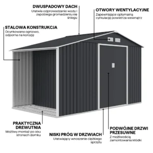 Domek metalowy ogrodowy z drewutnią Hardmaister Madison 342 × 191 cm Cold Grey