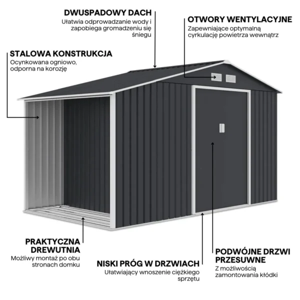 Domek metalowy ogrodowy z drewutnią Hardmaister Madison 342 × 191 cm Cold Grey