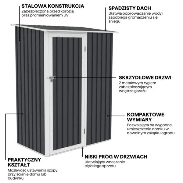 Functions_of_the_tool_house_for_the_garden_KENT_143x89cm_Cold_Grey_7bb4 Domek metalowy ogrodowy Hardmaister Kent 143 × 89 cm Cold Grey