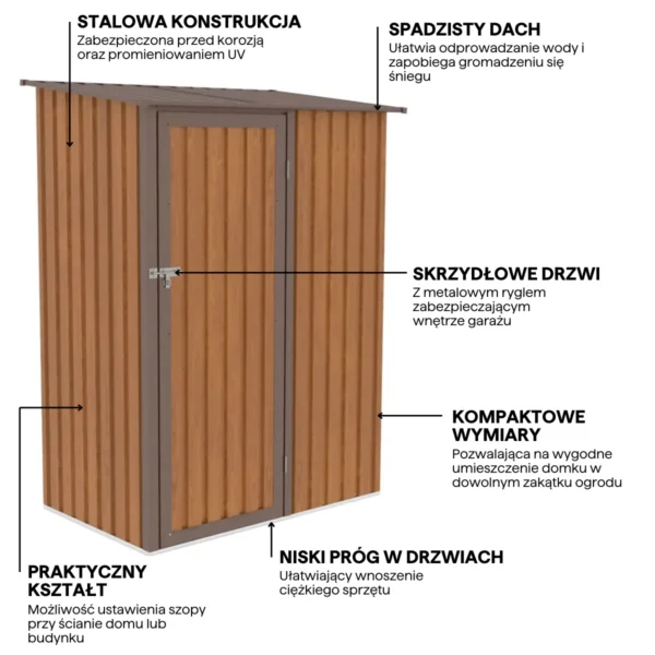 Functions_of_the_tool_house_for_the_garden_KENT_143x89cm_Oak_Brown_675c Domek metalowy ogrodowy Hardmaister Kent 143 × 89 cm Oak Brown