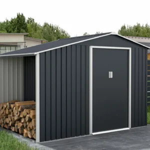 Garden_house_arrangement_with_woodshed_MADISON_278x191cm_Cold_Grey___Hardmaiste_207c Domek metalowy ogrodowy z drewutnią Hardmaister Madison 278 × 191 cm Cold Grey