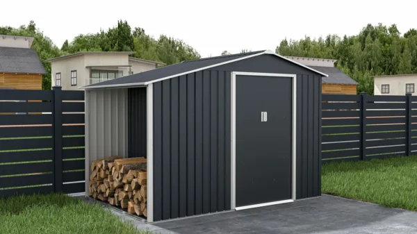 Garden_house_arrangement_with_woodshed_MADISON_278x191cm_Cold_Grey___Hardmaiste_207c Domek metalowy ogrodowy z drewutnią Hardmaister Madison 278 × 191 cm Cold Grey