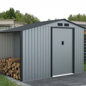 Garden_house_arrangement_with_woodshed_MADISON_278x191cm_Light_Grey___Hardmaist_5460 Domek metalowy ogrodowy z drewutnią Hardmaister Madison 278 × 191 cm Light Grey