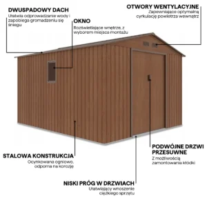 Graphics_with_functionalities__features_of_Hudson_277x319cm_Hardmaister_tool_ho_16dd Domek metalowy ogrodowy Hardmaister Hudson 277 × 319 cm Walnut