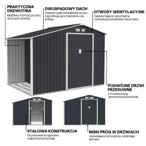MADISON_278x191cm_Cold_Grey_e874 Domek metalowy ogrodowy z drewutnią Hardmaister Madison 278 × 191 cm Cold Grey