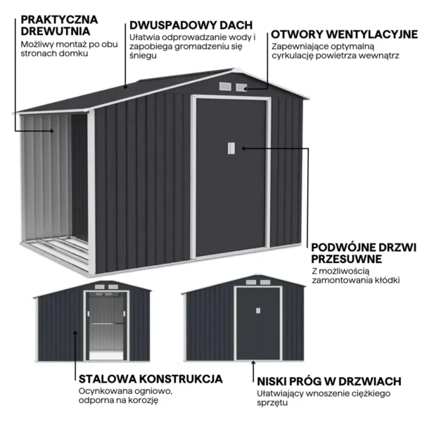 MADISON_278x191cm_Cold_Grey_e874 Domek metalowy ogrodowy z drewutnią Hardmaister Madison 278 × 191 cm Cold Grey