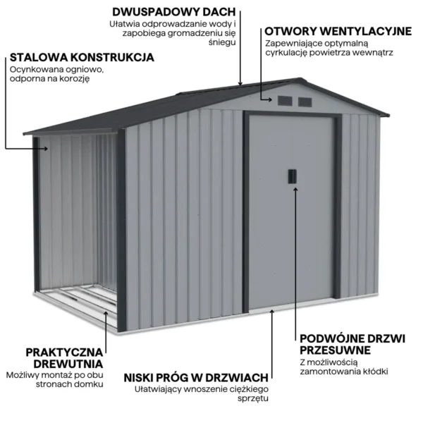 MADISON_278x191cm_Light_Grey_c23c Domek metalowy ogrodowy z drewutnią Hardmaister Madison 278 × 191 cm Light Grey