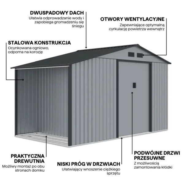 MADISON_342x191cm_Light_Grey_d061 Domek metalowy ogrodowy z drewutnią Hardmaister Madison 342 × 191 cm Light Grey