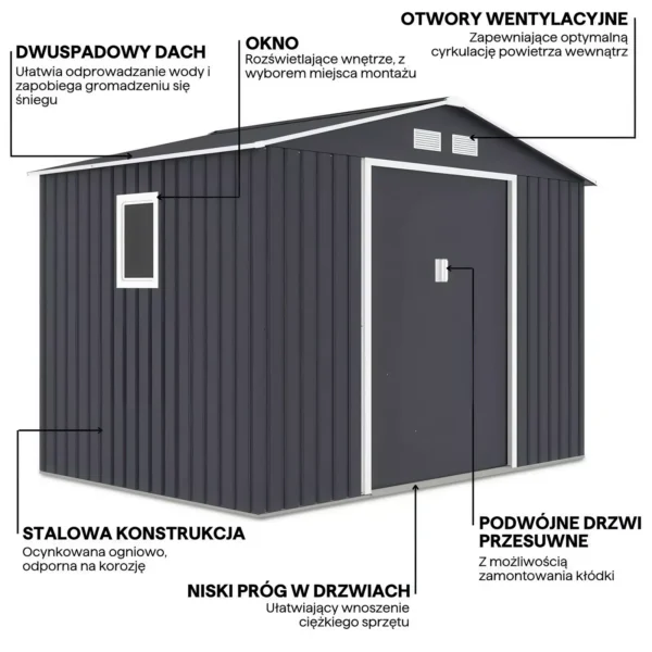 Domek metalowy ogrodowy Hardmaister Hudson 277 × 191 cm Cold Grey