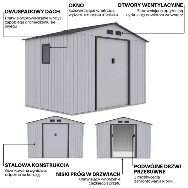 Domek metalowy ogrodowy Hardmaister Hudson 277 × 191 cm Light Grey