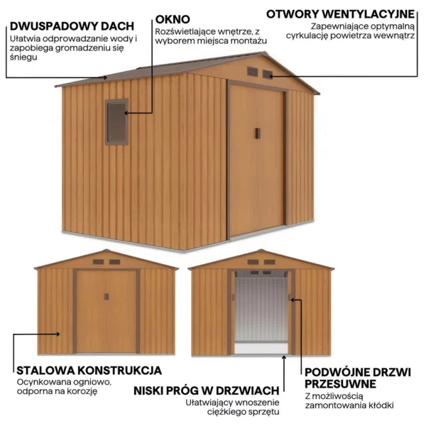 Domek metalowy ogrodowy Hardmaister Hudson 277 × 191 cm Oak Brown