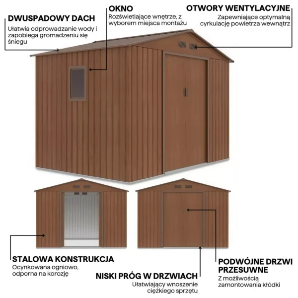 Domek metalowy ogrodowy Hardmaister Hudson 277 × 191 cm Walnut
