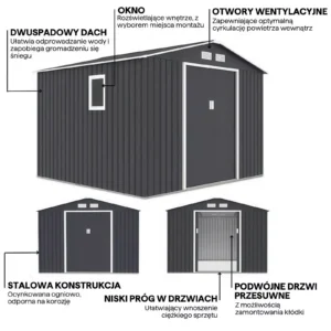 details_of_house_garden_HUDSON_277x255_cm_Cold_Grey_house_garden_features_eb4f Domek metalowy ogrodowy Hardmaister Hudson 277 × 255 cm Cold Grey