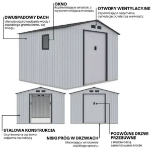 details_of_house_garden_HUDSON_277x255_cm_Light_Grey_house_garden_features_3382 Domek metalowy ogrodowy Hardmaister Hudson 277 × 255 cm Light Grey