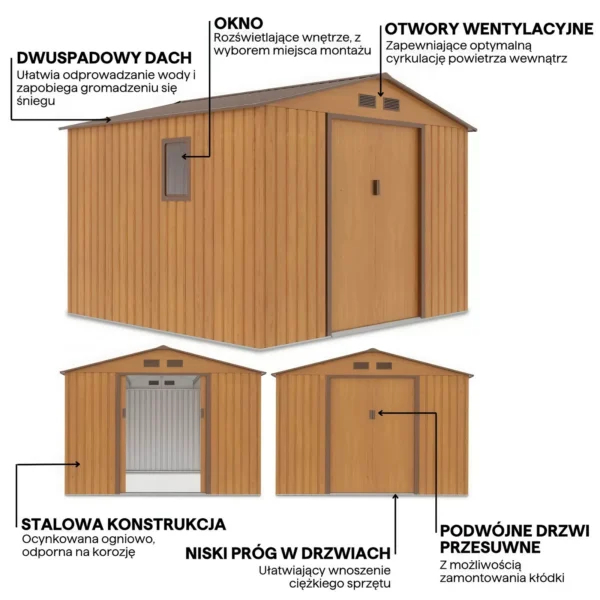 Domek metalowy ogrodowy Hardmaister Hudson 277 × 255 cm Oak Brown
