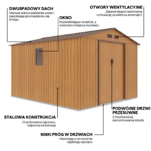 details_of_house_garden_HUDSON_277x319_cm_Oak_Brown_house_garden_features_662f Domek metalowy ogrodowy Hardmaister Hudson 277 × 319 cm Oak Brown