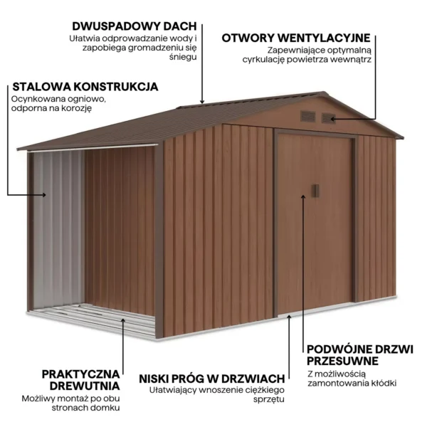 Domek metalowy ogrodowy z drewutnią Hardmaister Madison 342 × 191 cm Walnut