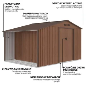 Domek metalowy ogrodowy z drewutnią Hardmaister Madison 342 × 255 cm Walnut