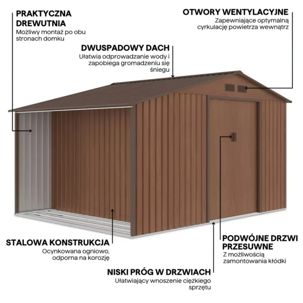 Domek metalowy ogrodowy z drewutnią Hardmaister Madison 342 × 255 cm Walnut