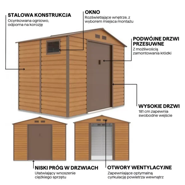 Domek metalowy ogrodowy Hardmaister Montreal 277 × 195 cm Oak Brown