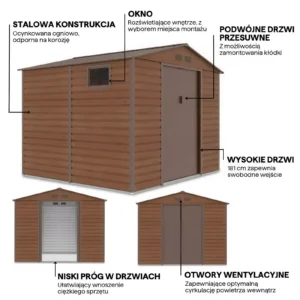 details_of_house_garden_MONTREAL_277x259_cm_Walnut_house_garden_features_8dd0 Domek metalowy ogrodowy Hardmaister Montreal 277 × 259 cm Walnut