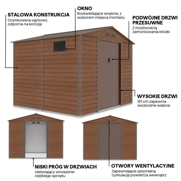 details_of_house_garden_MONTREAL_277x259_cm_Walnut_house_garden_features_8dd0 Domek metalowy ogrodowy Hardmaister Montreal 277 × 259 cm Walnut