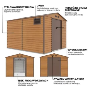 details_of_house_garden_MONTREAL_277x319_cm_Oak_Brown_house_garden_features_a004 Domek metalowy ogrodowy Hardmaister Montreal 277 × 323 cm Oak Brown