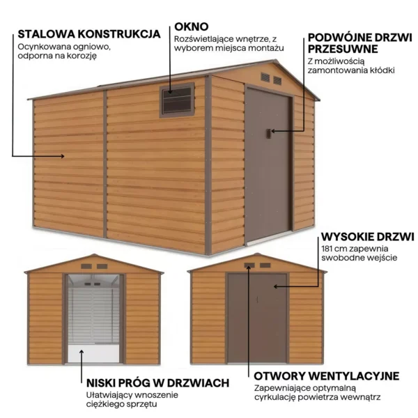 details_of_house_garden_MONTREAL_277x319_cm_Oak_Brown_house_garden_features_a004 Domek metalowy ogrodowy Hardmaister Montreal 277 × 323 cm Oak Brown