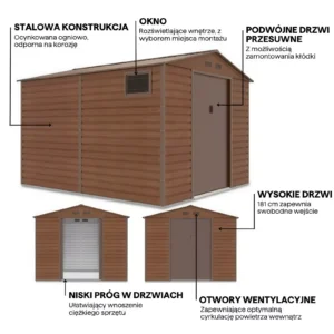 details_of_house_garden_MONTREAL_277x319_cm_Walnut_garden_features_b906 Domek metalowy ogrodowy Hardmaister Montreal 277 × 323 cm Walnut