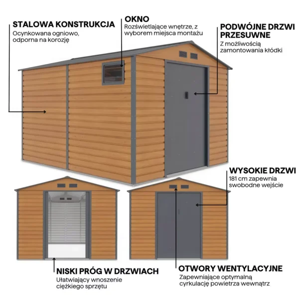 details_of_house_garden_MONTREAL_277x323_cm_Oak_Grey_house_garden_features_1f1c Domek metalowy ogrodowy Hardmaister Montreal 277 × 323 cm Oak Grey