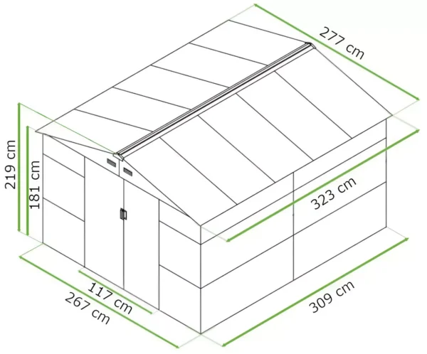 dimensions_Montreal_219x_323_cm_house_garden_Hardmaister_560e Domek metalowy ogrodowy Hardmaister Montreal 277 × 323 cm Oak Grey