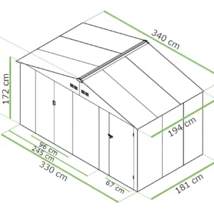 dimensions_of_house_garden_Falcon_11x6_Hardmaister__5__fbee Domek metalowy ogrodowy Hardmaister Falcon 340 × 194 cm Oak Brown