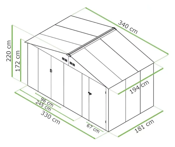 dimensions_of_house_garden_Falcon_11x6_Hardmaister__5__fbee Domek metalowy ogrodowy Hardmaister Falcon 340 × 194 cm Oak Brown
