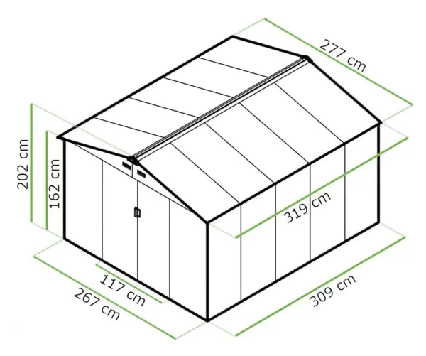dimensions_of_house_garden_Hudson_277x319_cm_Hardmaister_0125 Domek metalowy ogrodowy Hardmaister Hudson 277 × 319 cm Oak Brown