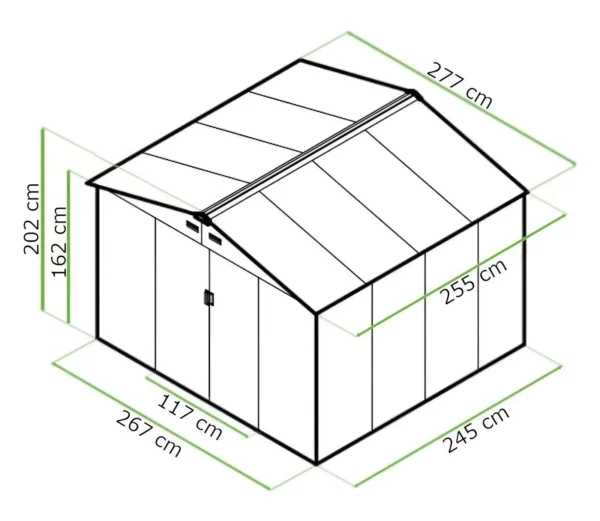 dimensions_of_tool_house_Hudson_277x255_cm_Hardmaister_58c2 Domek metalowy ogrodowy Hardmaister Hudson 277 × 255 cm Cold Grey