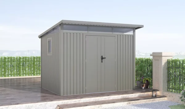 domek_narzedziowy_portland_na_tle_zieleni_5346 Domek metalowy ogrodowy Hardmaister Portland 289 × 253 cm Grey Aluminium