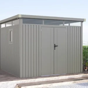 domek_ogrodowy_do_przechowywania_narzedzi_i_sprzetu_na_tle_zieleni_5406 Domek metalowy ogrodowy Hardmaister Ottawa 294 × 294 cm Grey Aluminium