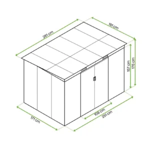 drawing_with_dimensions_of_the_oregon_garden_house_261x171cm_from_hardmaister_6c61 Domek metalowy ogrodowy Hardmaister Oregon 261 × 181 cm Cold Grey