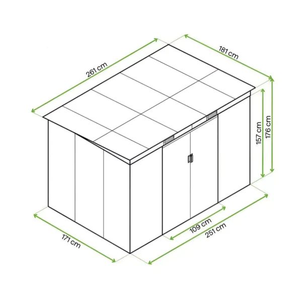 drawing_with_dimensions_of_the_oregon_garden_house_261x171cm_from_hardmaister_6c61 Domek metalowy ogrodowy Hardmaister Oregon 261 × 181 cm Cold Grey
