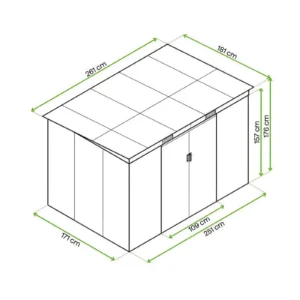 drawing_with_dimensions_of_the_oregon_garden_house_261x171cm_from_hardmaister_82b9 Domek metalowy ogrodowy Hardmaister Oregon 261 × 181 cm Beige